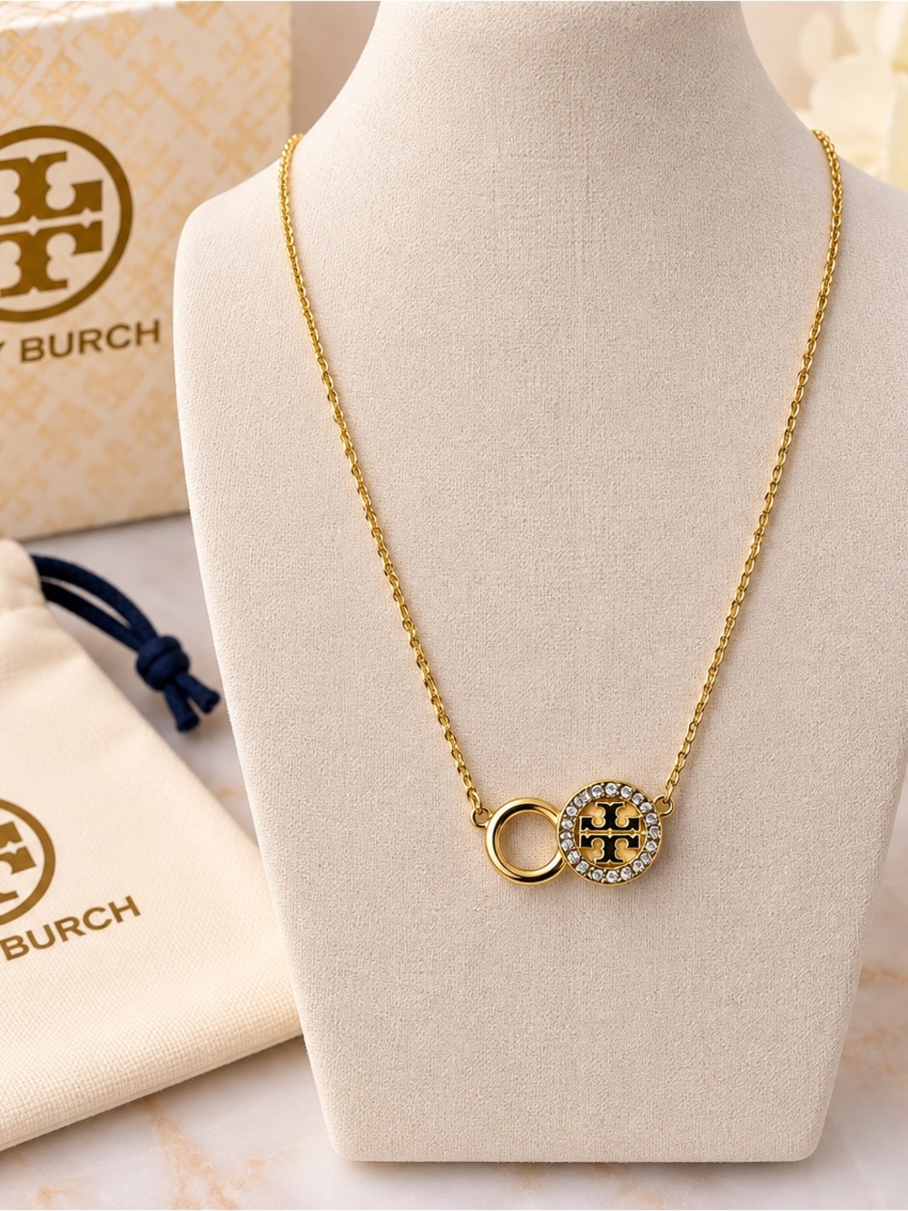 Tory Burch Gold Logo Pendant Necklace with Crystal Halo